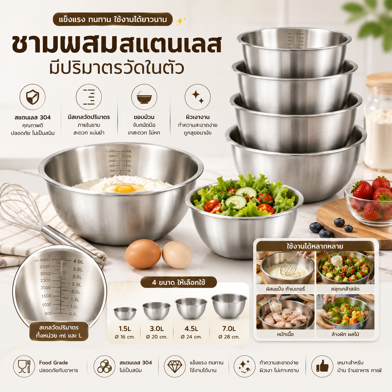 ชามผลมสแตนเลส มีปริมาตรวัด